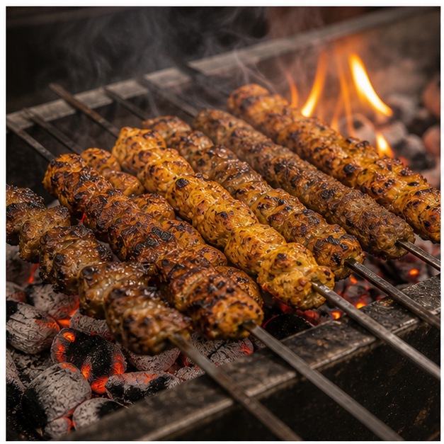Sizzling charcoal grill with BBQ skewers