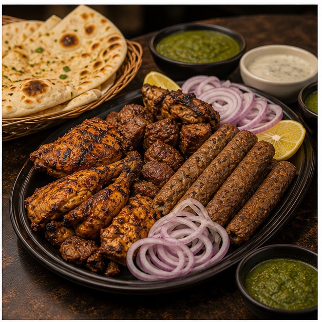 Family BBQ platter with naan and chutney
