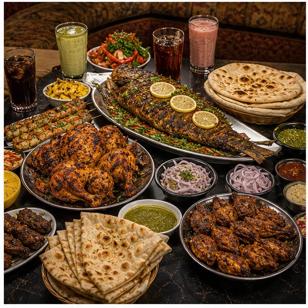 Family BBQ table spread with fish, chargha, kabab, naan, and drinks