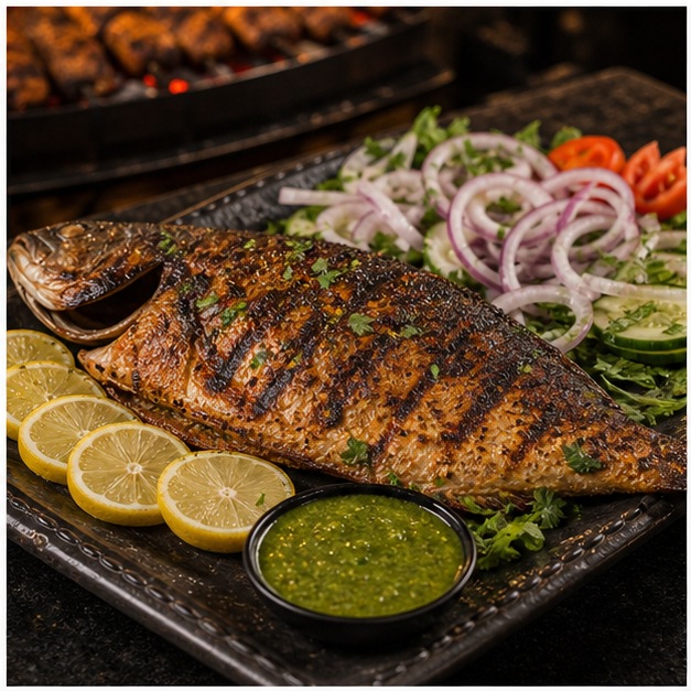Grilled fish platter with lemon and chutney