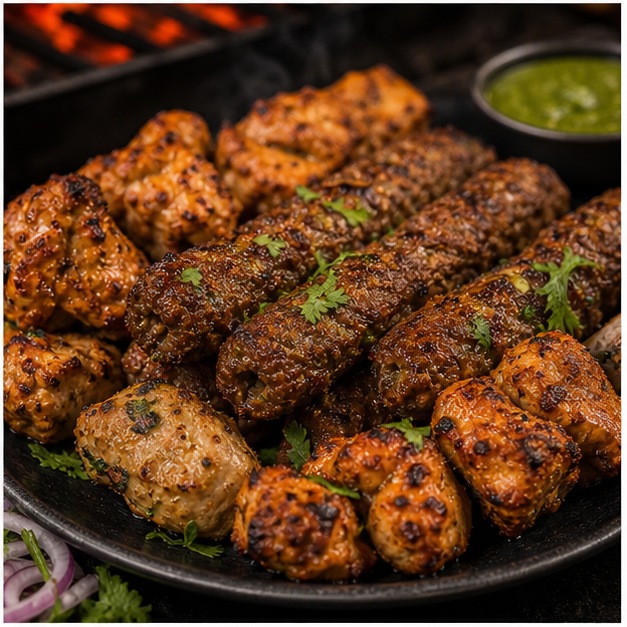 Mixed kabab plate with charred edges