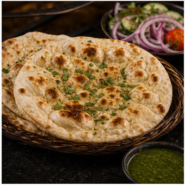 Fresh naan with chutney and onion salad