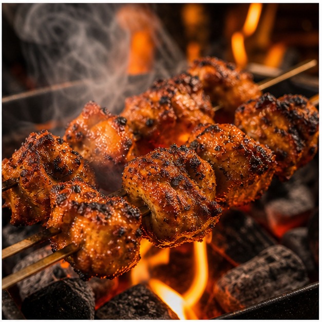 Chicken tikka skewers over flame